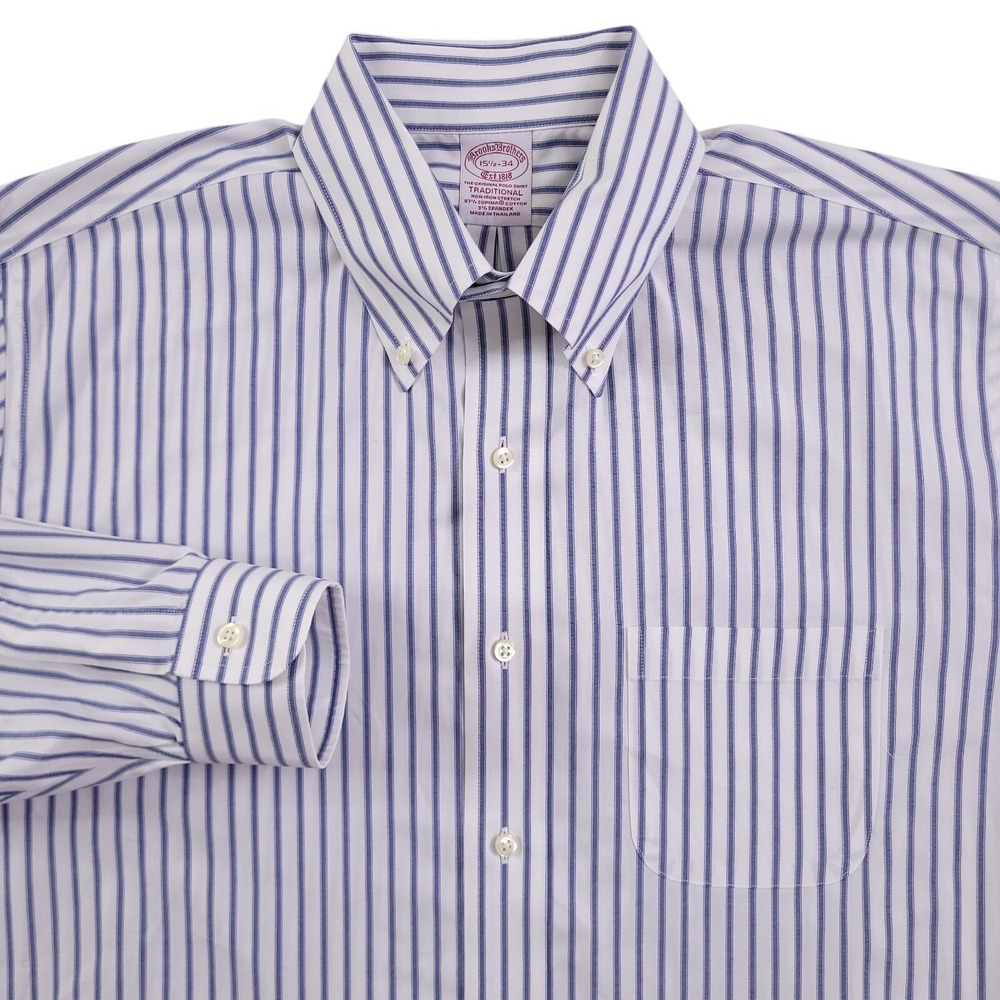 Brooks Brothers Dress Shirt 15.5 34 Traditional Fit Non Iron White Blue Stripe